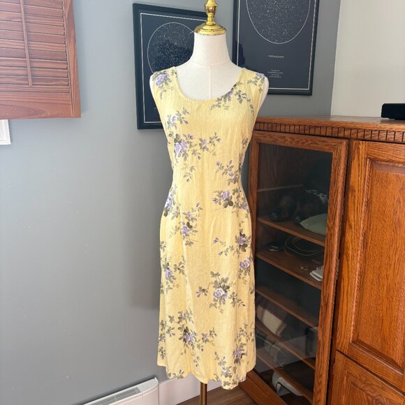 Vintage 90s Dress Barn Yellow Floral Sleeveless Midi Dress - Picture 2 of 5